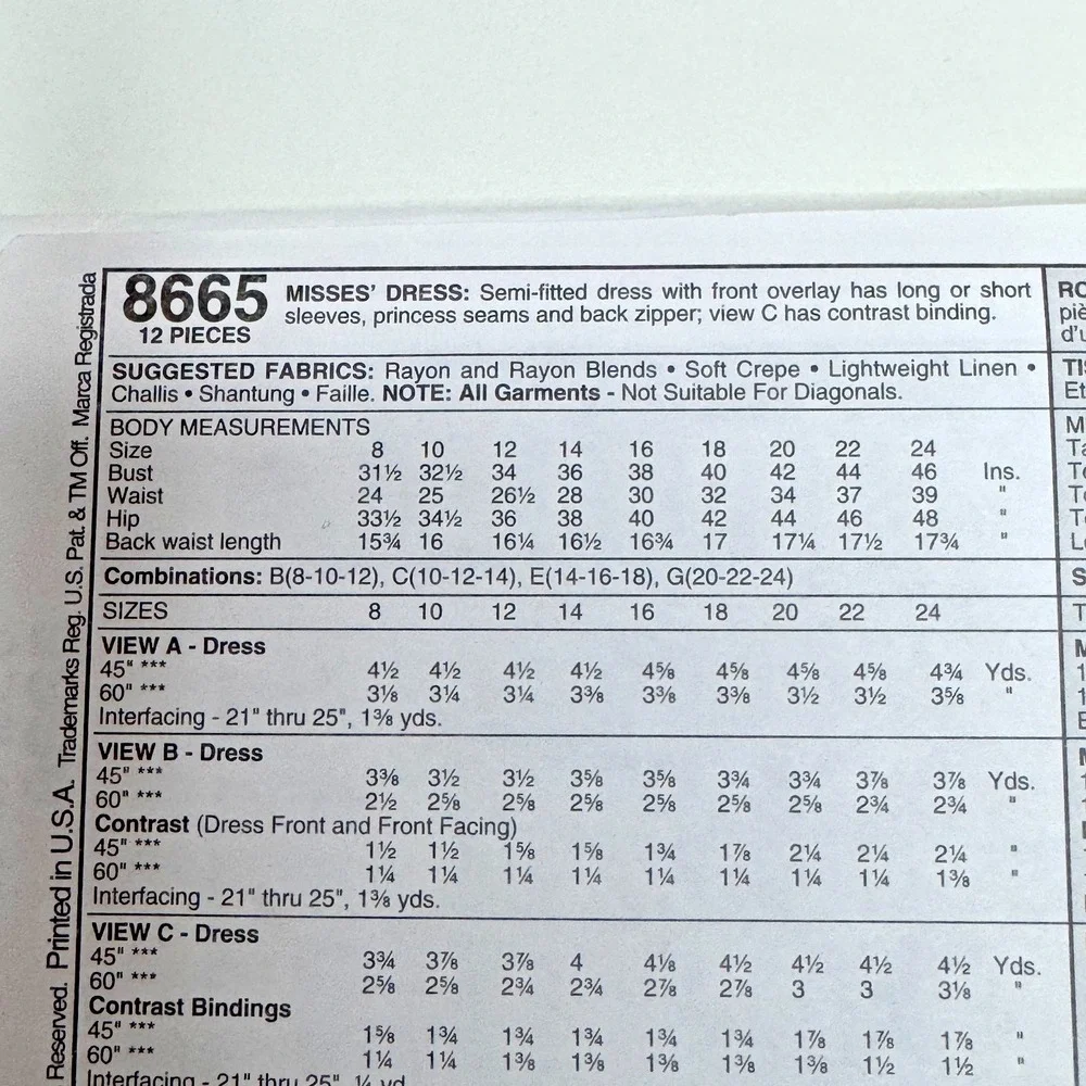 McCALLS‎ 8665 Uncut Sewing Pattern 8 10 12 Semi-Fitted Dress w. Overlay Vtg 90s